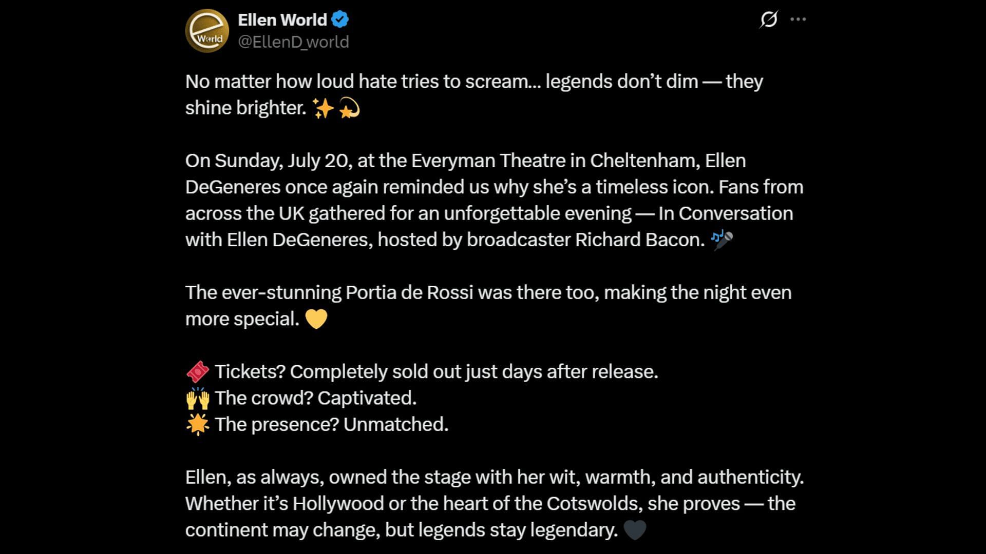 Ellen DeGeneres in conversation with Richard Bacon in England. (Image via X/@EllenD_world)